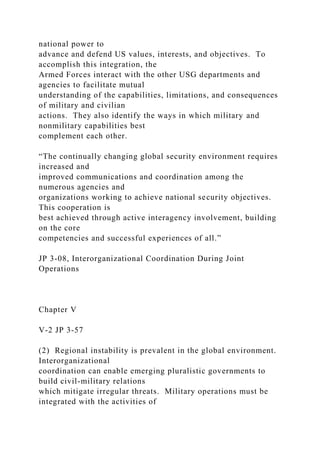 national power to
advance and defend US values, interests, and objectives. To
accomplish this integration, the
Armed Forces interact with the other USG departments and
agencies to facilitate mutual
understanding of the capabilities, limitations, and consequences
of military and civilian
actions. They also identify the ways in which military and
nonmilitary capabilities best
complement each other.
“The continually changing global security environment requires
increased and
improved communications and coordination among the
numerous agencies and
organizations working to achieve national security objectives.
This cooperation is
best achieved through active interagency involvement, building
on the core
competencies and successful experiences of all.”
JP 3-08, Interorganizational Coordination During Joint
Operations
Chapter V
V-2 JP 3-57
(2) Regional instability is prevalent in the global environment.
Interorganizational
coordination can enable emerging pluralistic governments to
build civil-military relations
which mitigate irregular threats. Military operations must be
integrated with the activities of
 