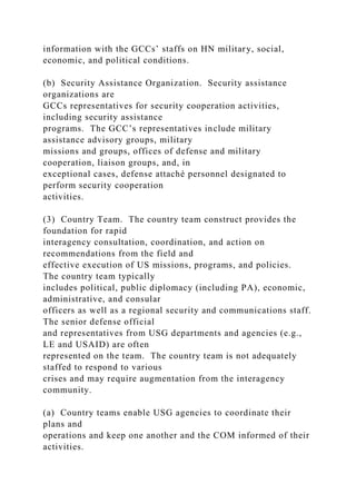 information with the GCCs’ staffs on HN military, social,
economic, and political conditions.
(b) Security Assistance Organization. Security assistance
organizations are
GCCs representatives for security cooperation activities,
including security assistance
programs. The GCC’s representatives include military
assistance advisory groups, military
missions and groups, offices of defense and military
cooperation, liaison groups, and, in
exceptional cases, defense attaché personnel designated to
perform security cooperation
activities.
(3) Country Team. The country team construct provides the
foundation for rapid
interagency consultation, coordination, and action on
recommendations from the field and
effective execution of US missions, programs, and policies.
The country team typically
includes political, public diplomacy (including PA), economic,
administrative, and consular
officers as well as a regional security and communications staff.
The senior defense official
and representatives from USG departments and agencies (e.g.,
LE and USAID) are often
represented on the team. The country team is not adequately
staffed to respond to various
crises and may require augmentation from the interagency
community.
(a) Country teams enable USG agencies to coordinate their
plans and
operations and keep one another and the COM informed of their
activities.
 