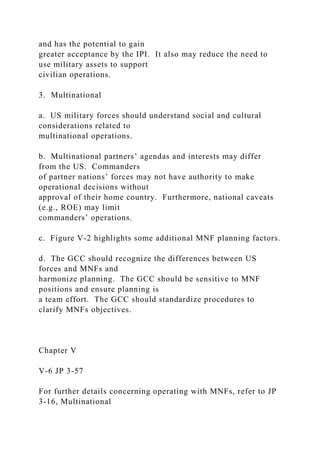 and has the potential to gain
greater acceptance by the IPI. It also may reduce the need to
use military assets to support
civilian operations.
3. Multinational
a. US military forces should understand social and cultural
considerations related to
multinational operations.
b. Multinational partners’ agendas and interests may differ
from the US. Commanders
of partner nations’ forces may not have authority to make
operational decisions without
approval of their home country. Furthermore, national caveats
(e.g., ROE) may limit
commanders’ operations.
c. Figure V-2 highlights some additional MNF planning factors.
d. The GCC should recognize the differences between US
forces and MNFs and
harmonize planning. The GCC should be sensitive to MNF
positions and ensure planning is
a team effort. The GCC should standardize procedures to
clarify MNFs objectives.
Chapter V
V-6 JP 3-57
For further details concerning operating with MNFs, refer to JP
3-16, Multinational
 