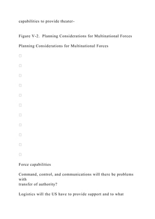 capabilities to provide theater-
Figure V-2. Planning Considerations for Multinational Forces
Planning Considerations for Multinational Forces
Force capabilities
Command, control, and communications will there be problems
with
transfer of authority?
Logistics will the US have to provide support and to what
 