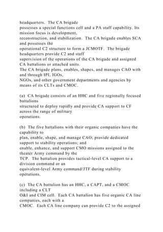 headquarters. The CA brigade
possesses a special functions cell and a PA staff capability. Its
mission focus is development,
reconstruction, and stabilization. The CA brigade enables SCA
and possesses the
operational C2 structure to form a JCMOTF. The brigade
headquarters provide C2 and staff
supervision of the operations of the CA brigade and assigned
CA battalions or attached units.
The CA brigade plans, enables, shapes, and manages CAO with
and through IPI, IGOs,
NGOs, and other government departments and agencies by
means of its CLTs and CMOC.
(a) CA brigade consists of an HHC and five regionally focused
battalions
structured to deploy rapidly and provide CA support to CF
across the range of military
operations.
(b) The five battalions with their organic companies have the
capability to
plan, enable, shape, and manage CAO; provide dedicated
support to stability operations; and
enable, enhance, and support CMO missions assigned to the
theater Army command by the
TCP. The battalion provides tactical-level CA support to a
division command or an
equivalent-level Army command/JTF during stability
operations.
(c) The CA battalion has an HHC, a CAPT, and a CMOC
including a CLT
O&I and CIM cell. Each CA battalion has five organic CA line
companies, each with a
CMOC. Each CA line company can provide C2 to the assigned
 