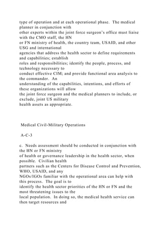 type of operation and at each operational phase. The medical
planner in conjunction with
other experts within the joint force surgeon’s office must liaise
with the CMO staff, the HN
or FN ministry of health, the country team, USAID, and other
USG and international
agencies that address the health sector to define requirements
and capabilities; establish
roles and responsibilities; identify the people, process, and
technology necessary to
conduct effective CIM; and provide functional area analysis to
the commander. An
understanding of the capabilities, intentions, and efforts of
these organizations will allow
the joint force surgeon and the medical planners to include, or
exclude, joint US military
health assets as appropriate.
Medical Civil-Military Operations
A-C-3
c. Needs assessment should be conducted in conjunction with
the HN or FN ministry
of health or governance leadership in the health sector, when
possible. Civilian health
partners such as the Centers for Disease Control and Prevention,
WHO, USAID, and any
NGOs/IGOs familiar with the operational area can help with
this process. The goal is to
identify the health sector priorities of the HN or FN and the
most threatening issues to the
local population. In doing so, the medical health service can
then target resources and
 
