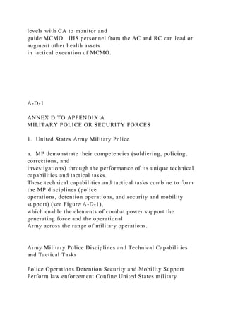 levels with CA to monitor and
guide MCMO. IHS personnel from the AC and RC can lead or
augment other health assets
in tactical execution of MCMO.
A-D-1
ANNEX D TO APPENDIX A
MILITARY POLICE OR SECURITY FORCES
1. United States Army Military Police
a. MP demonstrate their competencies (soldiering, policing,
corrections, and
investigations) through the performance of its unique technical
capabilities and tactical tasks.
These technical capabilities and tactical tasks combine to form
the MP disciplines (police
operations, detention operations, and security and mobility
support) (see Figure A-D-1),
which enable the elements of combat power support the
generating force and the operational
Army across the range of military operations.
Army Military Police Disciplines and Technical Capabilities
and Tactical Tasks
Police Operations Detention Security and Mobility Support
Perform law enforcement Confine United States military
 