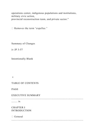 operations center, indigenous populations and institutions,
military civic action,
provincial reconstruction team, and private sector.”
Summary of Changes
iv JP 3-57
Intentionally Blank
v
TABLE OF CONTENTS
PAGE
EXECUTIVE SUMMARY
...............................................................................................
........ ix
CHAPTER I
INTRODUCTION
eral
...............................................................................................
 