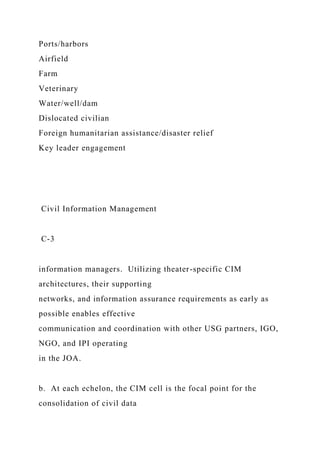 Ports/harbors
Airfield
Farm
Veterinary
Water/well/dam
Dislocated civilian
Foreign humanitarian assistance/disaster relief
Key leader engagement
Civil Information Management
C-3
information managers. Utilizing theater-specific CIM
architectures, their supporting
networks, and information assurance requirements as early as
possible enables effective
communication and coordination with other USG partners, IGO,
NGO, and IPI operating
in the JOA.
b. At each echelon, the CIM cell is the focal point for the
consolidation of civil data
 