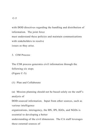 C-5
with DOD directives regarding the handling and distribution of
information. The joint force
must understand these policies and maintain communications
with stakeholders to resolve
issues as they arise.
3. CIM Process
The CIM process generates civil information through the
following six steps
(Figure C-3):
(1) Plan and Collaborate
(a) Mission planning should not be based solely on the staff’s
analysis of
DOD-sourced information. Input from other sources, such as
various intelligence
organizations, interagency, the HN, IPI, IGOs, and NGOs is
essential to developing a better
understanding of the civil dimension. The CA staff leverages
these external sources of
 