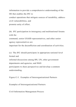 information to provide a comprehensive understanding of the
OE that enables the JFC to
conduct operations that mitigate sources of instability, address
civil vulnerabilities, and
promote unity of effort.
(b) JFC participation in interagency and multinational forums
with the
command, senior USAID representatives, and other senior
agency representatives are
important for the deconfliction and coordination of activities.
(c) The JFC should participate in appropriate national-level
formal and
informal discussions among HN, UN, other government
departments and agencies, and NGO
participants to share perspectives and develop a common
understanding.
Figure C-3. Examples of Interorganizational Partners
Examples of Interorganizational Partners
Civil Information Management Process
 