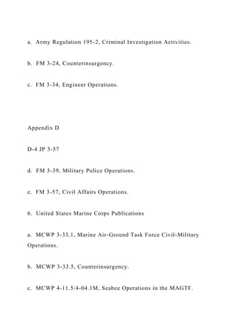 a. Army Regulation 195-2, Criminal Investigation Activities.
b. FM 3-24, Counterinsurgency.
c. FM 3-34, Engineer Operations.
Appendix D
D-4 JP 3-57
d. FM 3-39, Military Police Operations.
e. FM 3-57, Civil Affairs Operations.
6. United States Marine Corps Publications
a. MCWP 3-33.1, Marine Air-Ground Task Force Civil-Military
Operations.
b. MCWP 3-33.5, Counterinsurgency.
c. MCWP 4-11.5/4-04.1M, Seabee Operations in the MAGTF.
 