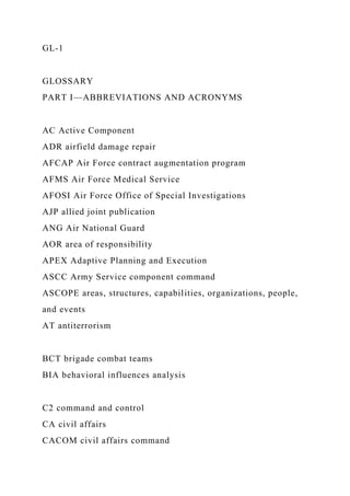 GL-1
GLOSSARY
PART I—ABBREVIATIONS AND ACRONYMS
AC Active Component
ADR airfield damage repair
AFCAP Air Force contract augmentation program
AFMS Air Force Medical Service
AFOSI Air Force Office of Special Investigations
AJP allied joint publication
ANG Air National Guard
AOR area of responsibility
APEX Adaptive Planning and Execution
ASCC Army Service component command
ASCOPE areas, structures, capabilities, organizations, people,
and events
AT antiterrorism
BCT brigade combat teams
BIA behavioral influences analysis
C2 command and control
CA civil affairs
CACOM civil affairs command
 