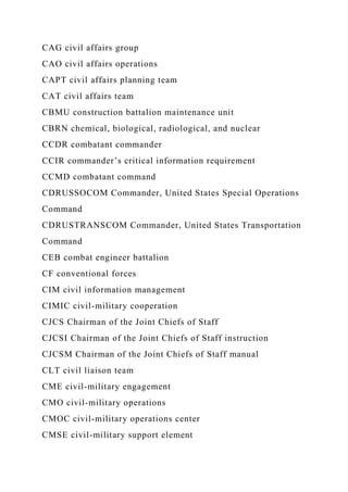 CAG civil affairs group
CAO civil affairs operations
CAPT civil affairs planning team
CAT civil affairs team
CBMU construction battalion maintenance unit
CBRN chemical, biological, radiological, and nuclear
CCDR combatant commander
CCIR commander’s critical information requirement
CCMD combatant command
CDRUSSOCOM Commander, United States Special Operations
Command
CDRUSTRANSCOM Commander, United States Transportation
Command
CEB combat engineer battalion
CF conventional forces
CIM civil information management
CIMIC civil-military cooperation
CJCS Chairman of the Joint Chiefs of Staff
CJCSI Chairman of the Joint Chiefs of Staff instruction
CJCSM Chairman of the Joint Chiefs of Staff manual
CLT civil liaison team
CME civil-military engagement
CMO civil-military operations
CMOC civil-military operations center
CMSE civil-military support element
 