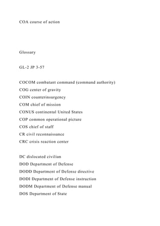 COA course of action
Glossary
GL-2 JP 3-57
COCOM combatant command (command authority)
COG center of gravity
COIN counterinsurgency
COM chief of mission
CONUS continental United States
COP common operational picture
COS chief of staff
CR civil reconnaissance
CRC crisis reaction center
DC dislocated civilian
DOD Department of Defense
DODD Department of Defense directive
DODI Department of Defense instruction
DODM Department of Defense manual
DOS Department of State
 