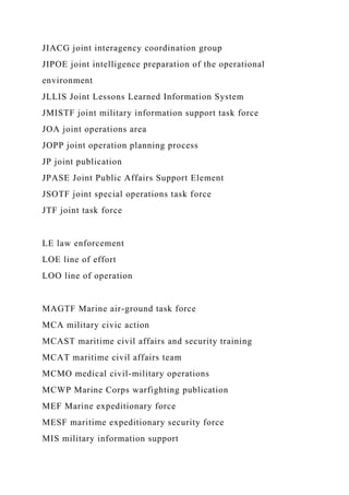 JIACG joint interagency coordination group
JIPOE joint intelligence preparation of the operational
environment
JLLIS Joint Lessons Learned Information System
JMISTF joint military information support task force
JOA joint operations area
JOPP joint operation planning process
JP joint publication
JPASE Joint Public Affairs Support Element
JSOTF joint special operations task force
JTF joint task force
LE law enforcement
LOE line of effort
LOO line of operation
MAGTF Marine air-ground task force
MCA military civic action
MCAST maritime civil affairs and security training
MCAT maritime civil affairs team
MCMO medical civil-military operations
MCWP Marine Corps warfighting publication
MEF Marine expeditionary force
MESF maritime expeditionary security force
MIS military information support
 