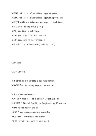 MISG military information support group
MISO military information support operations
MISTF military information support task force
MLG Marine logistics group
MNF multinational force
MOE measure of effectiveness
MOP measure of performance
MP military police (Army and Marine)
Glossary
GL-4 JP 3-57
MSRP mission strategic resource plan
MWSS Marine wing support squadron
NA nation assistance
NATO North Atlantic Treaty Organization
NAVFAC Naval Facilities Engineering Command
NBG naval beach group
NCC Navy component commander
NCF naval construction force
NCR naval construction regiment
 