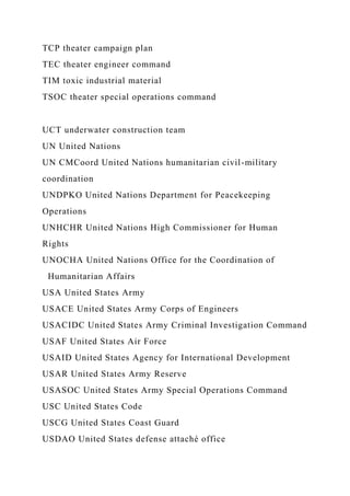 TCP theater campaign plan
TEC theater engineer command
TIM toxic industrial material
TSOC theater special operations command
UCT underwater construction team
UN United Nations
UN CMCoord United Nations humanitarian civil-military
coordination
UNDPKO United Nations Department for Peacekeeping
Operations
UNHCHR United Nations High Commissioner for Human
Rights
UNOCHA United Nations Office for the Coordination of
Humanitarian Affairs
USA United States Army
USACE United States Army Corps of Engineers
USACIDC United States Army Criminal Investigation Command
USAF United States Air Force
USAID United States Agency for International Development
USAR United States Army Reserve
USASOC United States Army Special Operations Command
USC United States Code
USCG United States Coast Guard
USDAO United States defense attaché office
 
