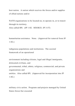 host nation. A nation which receives the forces and/or supplies
of allied nations and/or
NATO organizations to be located on, to operate in, or to transit
through its territory.
Also called HN. (JP 1-02. SOURCE: JP 3-57)
humanitarian assistance. None. (Approved for removal from JP
1-02.)
indigenous populations and institutions. The societal
framework of an operational
environment including citizens, legal and illegal immigrants,
dislocated civilians, and
governmental, tribal, ethnic, religious, commercial, and private
organizations and
entities. Also called IPI. (Approved for incorporation into JP
1-02.)
military civic action. Programs and projects managed by United
States forces but executed
 