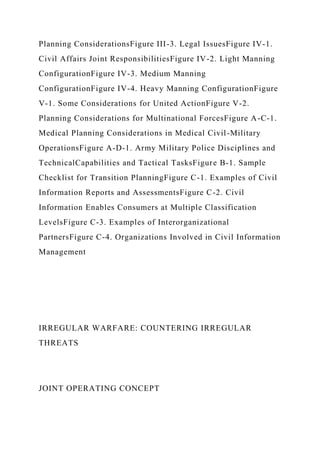 Planning ConsiderationsFigure III-3. Legal IssuesFigure IV-1.
Civil Affairs Joint ResponsibilitiesFigure IV-2. Light Manning
ConfigurationFigure IV-3. Medium Manning
ConfigurationFigure IV-4. Heavy Manning ConfigurationFigure
V-1. Some Considerations for United ActionFigure V-2.
Planning Considerations for Multinational ForcesFigure A-C-1.
Medical Planning Considerations in Medical Civil-Military
OperationsFigure A-D-1. Army Military Police Disciplines and
TechnicalCapabilities and Tactical TasksFigure B-1. Sample
Checklist for Transition PlanningFigure C-1. Examples of Civil
Information Reports and AssessmentsFigure C-2. Civil
Information Enables Consumers at Multiple Classification
LevelsFigure C-3. Examples of Interorganizational
PartnersFigure C-4. Organizations Involved in Civil Information
Management
IRREGULAR WARFARE: COUNTERING IRREGULAR
THREATS
JOINT OPERATING CONCEPT
 