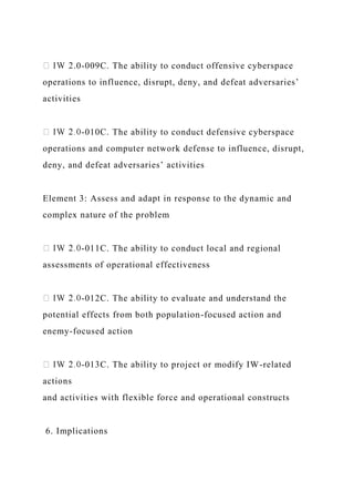 .0-009C. The ability to conduct offensive cyberspace
operations to influence, disrupt, deny, and defeat adversaries’
activities
-010C. The ability to conduct defensive cyberspace
operations and computer network defense to influence, disrupt,
deny, and defeat adversaries’ activities
Element 3: Assess and adapt in response to the dynamic and
complex nature of the problem
-011C. The ability to conduct local and regional
assessments of operational effectiveness
-012C. The ability to evaluate and understand the
potential effects from both population-focused action and
enemy-focused action
-013C. The ability to project or modify IW-related
actions
and activities with flexible force and operational constructs
6. Implications
 