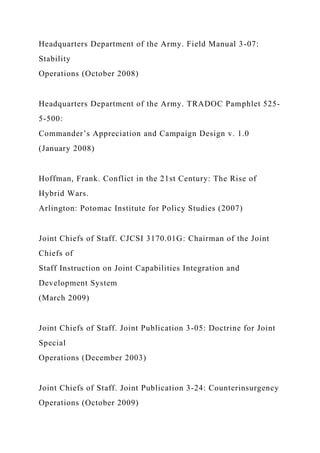 Headquarters Department of the Army. Field Manual 3-07:
Stability
Operations (October 2008)
Headquarters Department of the Army. TRADOC Pamphlet 525-
5-500:
Commander’s Appreciation and Campaign Design v. 1.0
(January 2008)
Hoffman, Frank. Conflict in the 21st Century: The Rise of
Hybrid Wars.
Arlington: Potomac Institute for Policy Studies (2007)
Joint Chiefs of Staff. CJCSI 3170.01G: Chairman of the Joint
Chiefs of
Staff Instruction on Joint Capabilities Integration and
Development System
(March 2009)
Joint Chiefs of Staff. Joint Publication 3-05: Doctrine for Joint
Special
Operations (December 2003)
Joint Chiefs of Staff. Joint Publication 3-24: Counterinsurgency
Operations (October 2009)
 