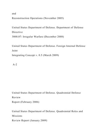 and
Reconstruction Operations (November 2005)
United States Department of Defense. Department of Defense
Directive
3000.07: Irregular Warfare (December 2008)
United States Department of Defense. Foreign Internal Defense
Joint
Integrating Concept v. 0.5 (March 2009)
A-2
United States Department of Defense. Quadrennial Defense
Review
Report (February 2006)
United States Department of Defense. Quadrennial Roles and
Missions
Review Report (January 2009)
 