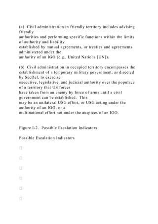 (a) Civil administration in friendly territory includes advising
friendly
authorities and performing specific functions within the limits
of authority and liability
established by mutual agreements, or treaties and agreements
administered under the
authority of an IGO (e.g., United Nations [UN]).
(b) Civil administration in occupied territory encompasses the
establishment of a temporary military government, as directed
by SecDef, to exercise
executive, legislative, and judicial authority over the populace
of a territory that US forces
have taken from an enemy by force of arms until a civil
government can be established. This
may be an unilateral USG effort, or USG acting under the
authority of an IGO; or a
multinational effort not under the auspices of an IGO.
Figure I-2. Possible Escalation Indicators
Possible Escalation Indicators
 