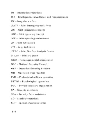 IO – Information operations
ISR – Intelligence, surveillance, and reconnaissance
IW – Irregular warfare
JIATF – Joint interagency task force
JIC – Joint integrating concept
JOC – Joint operating concept
JOE – Joint operating environment
JP – Joint publication
JTF – Joint task force
JWAC – Joint Warfare Analysis Center
MILGP – Military group
NGO – Nongovernmental organization
NSC – National Security Council
OEF – Operation Enduring Freedom
OIF – Operation Iraqi Freedom
PME – Professional military education
PSYOP – Psychological operations
PVO – Private voluntary organization
SA – Security assistance
SFA – Security force assistance
SO – Stability operations
SOF – Special operations forces
B-6
 
