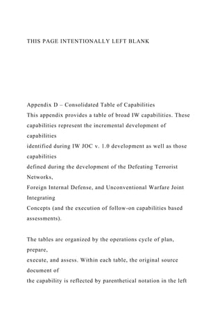 THIS PAGE INTENTIONALLY LEFT BLANK
Appendix D – Consolidated Table of Capabilities
This appendix provides a table of broad IW capabilities. These
capabilities represent the incremental development of
capabilities
identified during IW JOC v. 1.0 development as well as those
capabilities
defined during the development of the Defeating Terrorist
Networks,
Foreign Internal Defense, and Unconventional Warfare Joint
Integrating
Concepts (and the execution of follow-on capabilities based
assessments).
The tables are organized by the operations cycle of plan,
prepare,
execute, and assess. Within each table, the original source
document of
the capability is reflected by parenthetical notation in the left
 