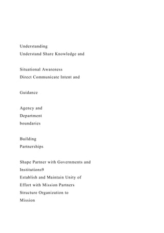 Understanding
Understand Share Knowledge and
Situational Awareness
Direct Communicate Intent and
Guidance
Agency and
Department
boundaries
Building
Partnerships
Shape Partner with Governments and
Institutions9
Establish and Maintain Unity of
Effort with Mission Partners
Structure Organization to
Mission
 
