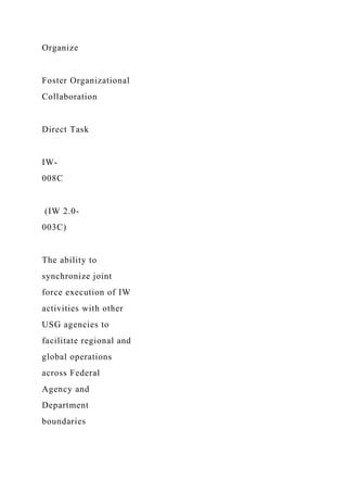 Organize
Foster Organizational
Collaboration
Direct Task
IW-
008C
(IW 2.0-
003C)
The ability to
synchronize joint
force execution of IW
activities with other
USG agencies to
facilitate regional and
global operations
across Federal
Agency and
Department
boundaries
 
