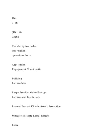 IW-
016C
(IW 1.0-
022C)
The ability to conduct
information
operations Force
Application
Engagement Non-Kinetic
Building
Partnerships
Shape Provide Aid to Foreign
Partners and Institutions
Prevent Prevent Kinetic Attack Protection
Mitigate Mitigate Lethal Effects
Force
 