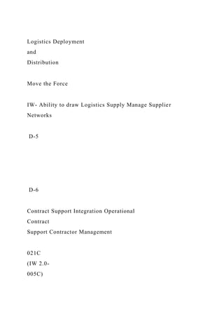 Logistics Deployment
and
Distribution
Move the Force
IW- Ability to draw Logistics Supply Manage Supplier
Networks
D-5
D-6
Contract Support Integration Operational
Contract
Support Contractor Management
021C
(IW 2.0-
005C)
 