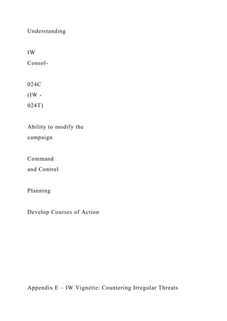 Understanding
IW
Consol-
024C
(IW -
024T)
Ability to modify the
campaign
Command
and Control
Planning
Develop Courses of Action
Appendix E – IW Vignette: Countering Irregular Threats
 