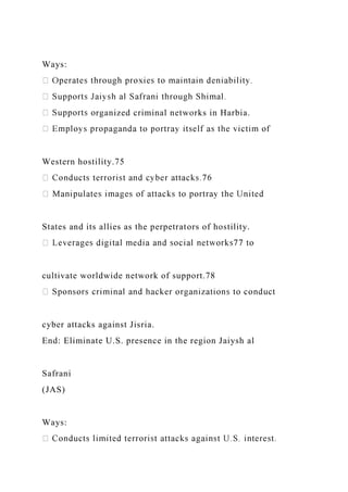 Ways:
rganized criminal networks in Harbia.
Western hostility.75
States and its allies as the perpetrators of hostility.
cultivate worldwide network of support.78
cyber attacks against Jisria.
End: Eliminate U.S. presence in the region Jaiysh al
Safrani
(JAS)
Ways:
 