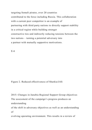 targeting Somali pirates, over 20 countries
contributed to the force including Russia. This collaboration
with a current peer competitor is an example of
partnering with third party nations to directly support stability
in a critical region while building stronger
constructive ties and indirectly reducing tensions between the
two nations – turning a potential adversary into
a partner with mutually supportive motivations.
E-6
Figure 2. Reduced effectiveness of Sharkia/JAS
2015: Changes in Janubia Regional Support Group objectives
The assessment of the campaign’s progress produces an
understanding
of the shift in adversary objectives as well as an understanding
of
evolving operating environment. This results in a review of
 