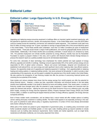 Editorial Letter
3 U.S. Building Energy Efficiency Retrofits
Editorial Letter: Large Opportunity in U.S. Energy Efficiency...