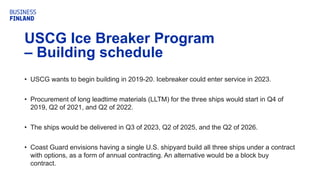 USCG Ice Breaker Program
– Building schedule
• USCG wants to begin building in 2019-20. Icebreaker could enter service in 2023.
• Procurement of long leadtime materials (LLTM) for the three ships would start in Q4 of
2019, Q2 of 2021, and Q2 of 2022.
• The ships would be delivered in Q3 of 2023, Q2 of 2025, and the Q2 of 2026.
• Coast Guard envisions having a single U.S. shipyard build all three ships under a contract
with options, as a form of annual contracting. An alternative would be a block buy
contract.
 