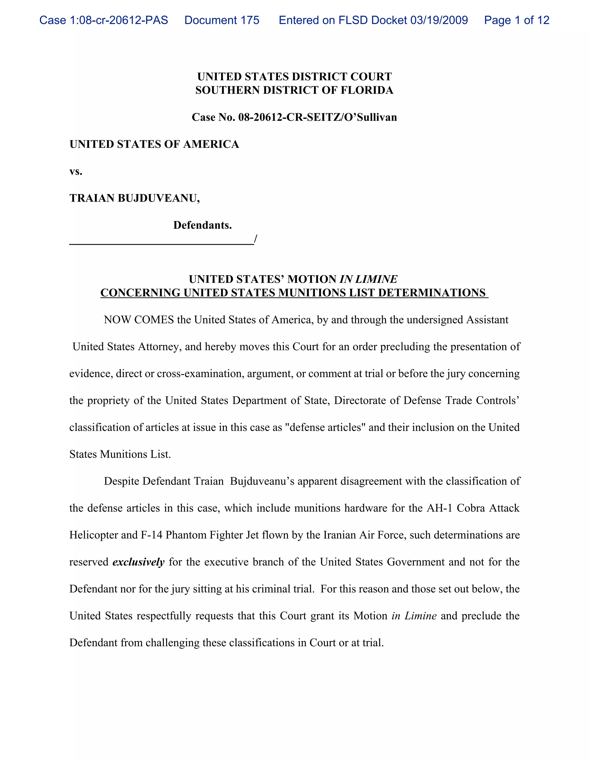 United states’ motion in limine concerning united states munitions list