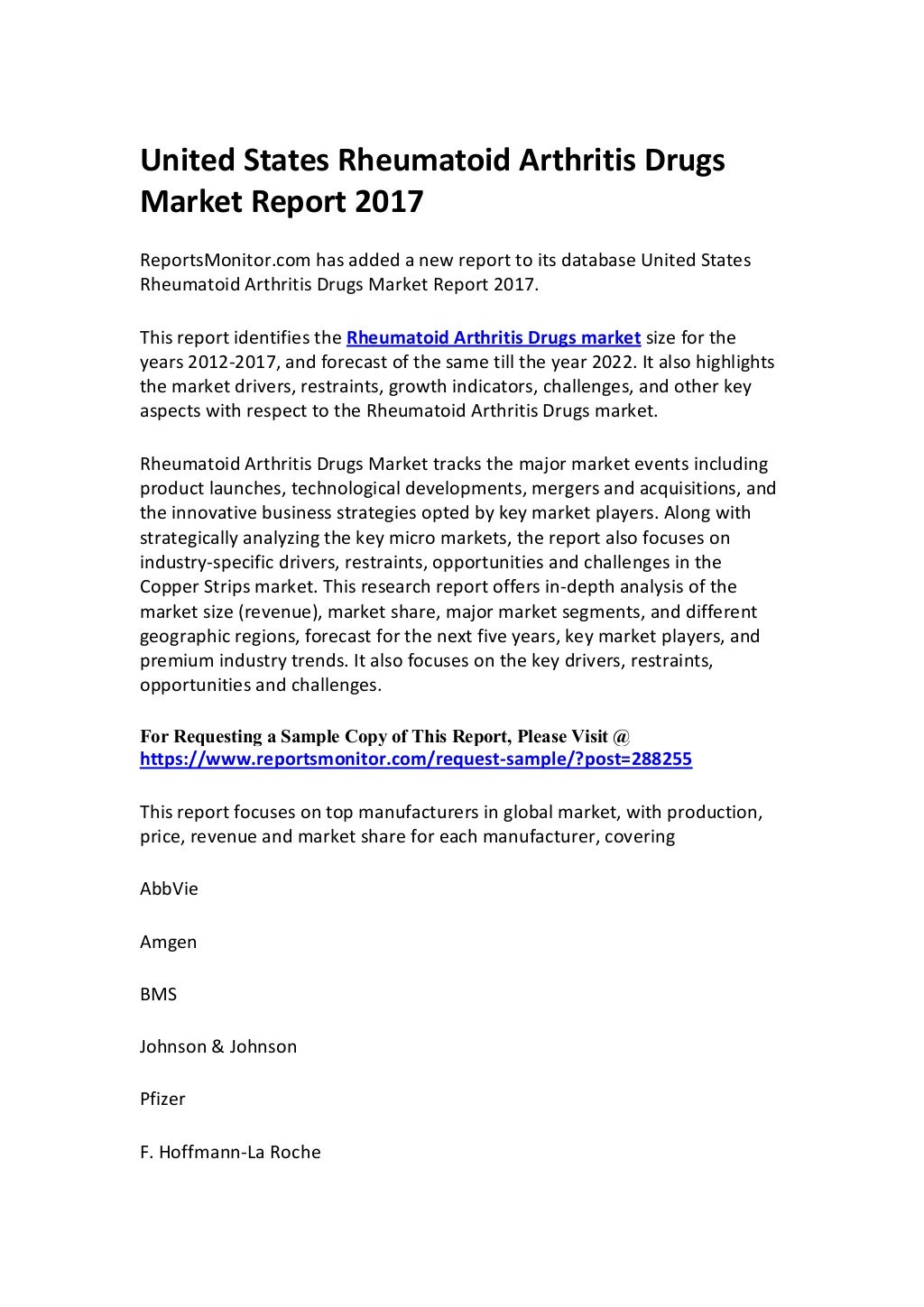 United states rheumatoid arthritis drugs market report 2017