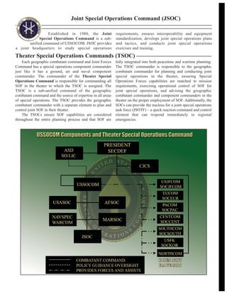 Established in 1980, the Joint
Special Operations Command is a sub-
unified command of USSOCOM. JSOC provides
a joint headquarters to study special operations
requirements, ensures interoperability and equipment
standardization, develops joint special operations plans
and tactics, and conducts joint special operations
exercises and training.
Joint Special Operations Command (JSOC)
Theater Special Operations Commands (TSOC)
Each geographic combatant command and Joint Forces
Command has a special operations component commander
just like it has a ground, air and naval component
commander. The commander of the Theater Special
Operations Command is responsible for commanding all
SOF in the theater to which the TSOC is assigned. The
TSOC is a sub-unified command of the geographic
combatant command and the source of expertise in all areas
of special operations. The TSOC provides the geographic
combatant commander with a separate element to plan and
control joint SOF in their theater.
The TSOCs ensure SOF capabilities are considered
throughout the entire planning process and that SOF are
fully integrated into both peacetime and wartime planning.
The TSOC commander is responsible to the geographic
combatant commander for planning and conducting joint
special operations in the theater, ensuring Special
Operations Forces capabilities are matched to mission
requirements, exercising operational control of SOF for
joint special operations, and advising the geographic
combatant commander and component commanders in the
theater on the proper employment of SOF. Additionally, the
SOCs can provide the nucleus for a joint special operations
task force (JSOTF) – a quick reaction command and control
element that can respond immediately to regional
emergencies.
 