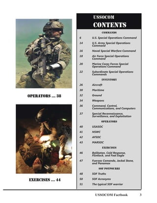 USSOCOM Factbook 3
COMMANDS
6 U.S. Special Operations Command
14 U.S. Army Special Operations
Command
16 Naval Special Warfare Command
18 Air Force Special Operations
Command
20 Marine Corps Forces Special
Operations Command
22 Subordinate Special Operations
Commands
INVENTORY
26 Aircraft
30 Maritime
32 Ground
34 Weapons
36 Command, Control,
Communications, and Computers
37 Special Reconnaissance,
Surveillance, and Exploitation
OPERATORS
40 USASOC
41 NSWC
42 AFSOC
43 MARSOC
EXERCISES
46 Balikatan, Cold Response,
Flintlock, and Foal Eagle
47 Fuerzas Comando, Jackal Stone,
and Panamax
SOF POTPOURRI
48 SOF Truths
50 SOF Acronyms
51 The typical SOF warrior
 
