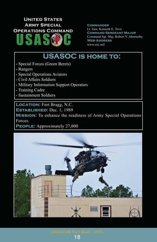 Location: Fort Bragg, N.C.
Established: Dec. 1, 1989
Mission: To enhance the readiness of Army Special Operations
Forces.
People: Approximately 27,000
Commander
Lt. Gen. Kenneth E. Tovo
Command Sergeant Major
Command Sgt. Maj. Robert V. Abernethy
Web Address
www.soc.mil
USASOC is home to:
- Special Forces (Green Berets)
- Rangers
- Special Operations Aviators
- Civil Affairs Soldiers
- Military Information Support Operators
- Training Cadre
- Sustainment Soldiers
USSOCOM Fact Book - 2016
18
 