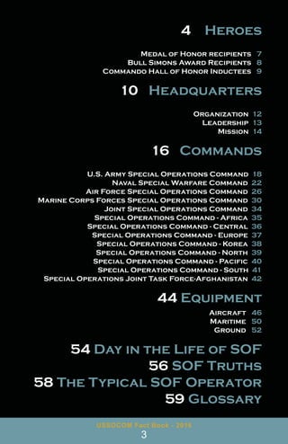 USSOCOM Fact Book - 2016
3
4 Heroes
Medal of Honor recipients 7
Bull Simons Award Recipients 8
Commando Hall of Honor Inductees 9
10 Headquarters
Organization 12
Leadership 13
Mission 14
16 Commands
U.S. Army Special Operations Command 18
Naval Special Warfare Command 22
Air Force Special Operations Command 26
Marine Corps Forces Special Operations Command 30
Joint Special Operations Command 34
Special Operations Command - Africa 35
Special Operations Command - Central 36
Special Operations Command - Europe 37
Special Operations Command - Korea 38
Special Operations Command - North 39
Special Operations Command - Pacific 40
Special Operations Command - South 41
Special Operations Joint Task Force-Afghanistan 42
44 Equipment
Aircraft 46
Maritime 50
Ground 52
54 Day in the Life of SOF
56 SOF Truths
58 The Typical SOF Operator
59 Glossary
 