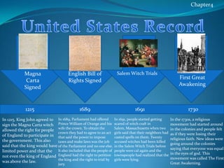 Chapter4United States RecordMagna Carta SignedEnglish Bill of Rights SignedSalem Witch TrialsFirst Great Awakening1691168912151730In 1215, King John agreed to sign the Magna Carta witch allowed the right for people of England to participate in the government. This also said that the king would have limited power and that the not even the king of England was above the law.In 1689, Parliament had offered Prince William of Orange and his wife the crown. To obtain the crown they had to agree to an act that said the power to impose taxes and make laws was the job of the Parliament and no one else. It also included that the people of England had the right to petition the king and the right to trial by jury.In 1691, people started getting scared of witch craft in Salem, Massachusetts when two girls said that their neighbors had casted spells on them. Twenty accused witches had been killed in the Salem Witch Trials before people were cal again and the  townspeople had realized that the girls were lying. In the 1730s, a religious movement had started around in the colonies and people felt as if they were losing their religious faith. New ideas were going around the colonies saying that everyone was equal in the eyes of god. This movement was called The First Great Awakening.