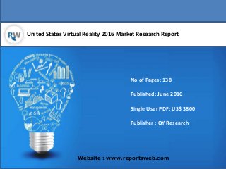 United States Virtual Reality 2016 Market Research Report
Website : www.reportsweb.com
No of Pages: 138
Published: June 2016
Single User PDF: US$ 3800
Publisher : QY Research
 