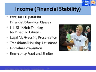 Income (Financial Stability) 
• Free Tax Preparation 
• Financial Education Classes 
• Life Skills/Job Training 
for Disabled Citizens 
• Legal Aid/Housing Preservation 
• Transitional Housing Assistance 
• Homeless Prevention 
• Emergency Food and Shelter 
United Way of Volusia-Flagler Counties – UnitedWayVFC.org 14 
 