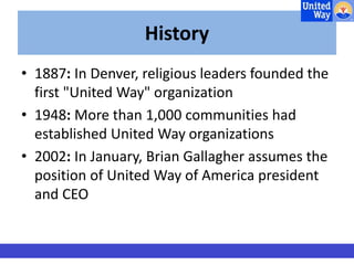 History 
• 1887: In Denver, religious leaders founded the 
first "United Way" organization 
• 1948: More than 1,000 communities had 
established United Way organizations 
• 2002: In January, Brian Gallagher assumes the 
position of United Way of America president 
and CEO 
 