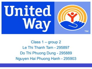 Class 1 – group 2 
Le Thi Thanh Tam - 295897 
Do Thi Phuong Dung - 295889 
Nguyen Hai Phuong Hanh - 295903 
 