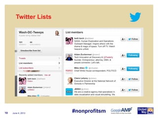 June 4, 201310
Twitter Lists
#nonprofitsm
 