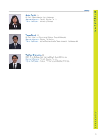 Freshers




                                                                                       M A R K E T I N G
Smita Padhi, 23
B. Com, Tolani College, Kutch University
Summer Internship : Vmukti Solution Pvt. Ltd.
Title of the Project : Marketing Strategy




Tapan Raval, 23
B. Com, New L. J. Commerce College, Gujarat University
Summer Internship : Eureka Forbes Ltd.
Title of the Project : Market Segmenting for Water Usage in the House old




Vaibhav Dhameliya, 22
BBA, B. M. College, Veer Narmad South Gujarat University
Summer Internship : Vmukti Solution Pvt. Ltd.
Title of the Project : Analyse 7 P’S of Vmukti Solution Pvt. Ltd.




                                                                                           a h m e d a b a d




                                                                                                 9
 