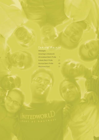 Ta k i n g        Po i n t s
Messages                   -
Advantage Unitedworld      -
Ahmedabad Batch Profile    1
Kolkata Batch Profile     21
Mumbai Batch Profile      49
Placement Point           71
 
