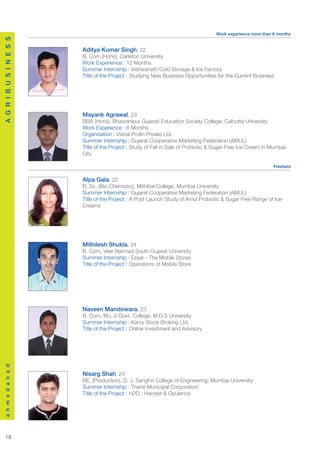 Work experience more than 6 months
A G R I B U S I N E S S




                          Aditya Kumar Singh, 22
                          B. Com (Hons), Carleton University
                          Work Experience : 12 Months
                          Summer Internship : Vishwanath Cold Storage & Ice Factory
                          Title of the Project : Studying New Business Opportunities for the Current Business




                          Mayank Agrawal, 23
                          BBA (Hons), Bhawanipur Gujarati Education Society College, Calcutta University
                          Work Experience : 6 Months
                          Organisation : Vishal Profin Private Ltd.
                          Summer Internship : Gujarat Cooperative Marketing Federation (AMUL)
                          Title of the Project : Study of Fall in Sale of Probiotic & Sugar-Free Ice-Cream in Mumbai
                          City

                                                                                                               Freshers


                          Alpa Gala, 22
                          B. Sc, (Bio-Chemistry), Mithibai College, Mumbai University
                          Summer Internship : Gujarat Cooperative Marketing Federation (AMUL)
                          Title of the Project : A Post Launch Study of Amul Probiotic & Sugar Free Range of Ice-
                          Creams




                          Mithilesh Shukla, 24
                          B. Com, Veer Narmad South Gujarat University
                          Summer Internship : Essar - The Mobile Stores
                          Title of the Project : Operations of Mobile Store




                          Naveen Mandowara, 23
                          B. Com, M.L.V Govt. College, M.D.S University
                          Summer Internship : Karvy Stock Broking Ltd.
                          Title of the Project : Online Investment and Advisory
a h m e d a b a d




                          Nisarg Shah, 24
                          BE, (Production), D. J. Sanghvi College of Engineering, Mumbai University
                          Summer Internship : Thane Municipal Corporation
                          Title of the Project : H2O : Harvest & Opulence




   18
 